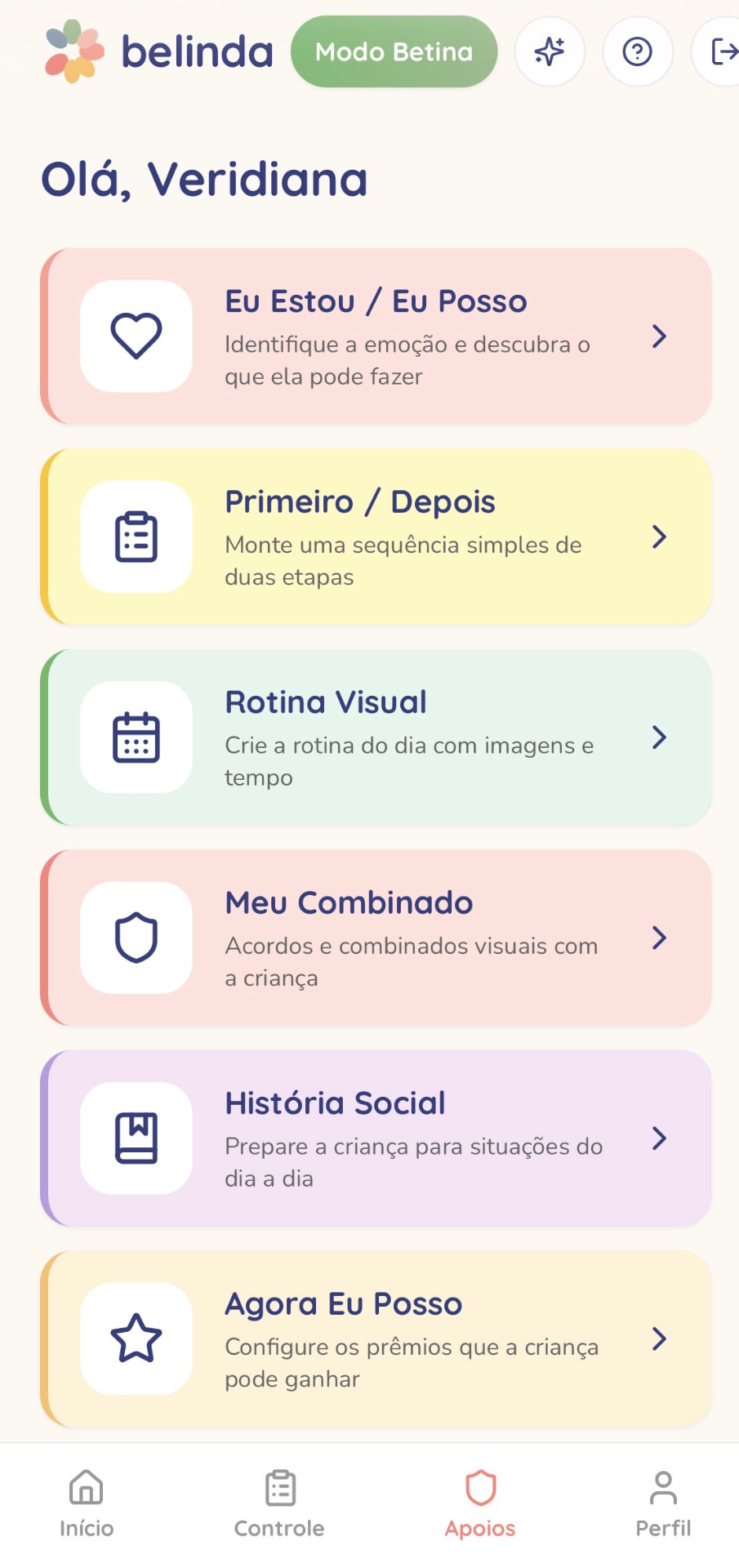 Tela de Apoios do Belinda App com a lista de ferramentas visuais