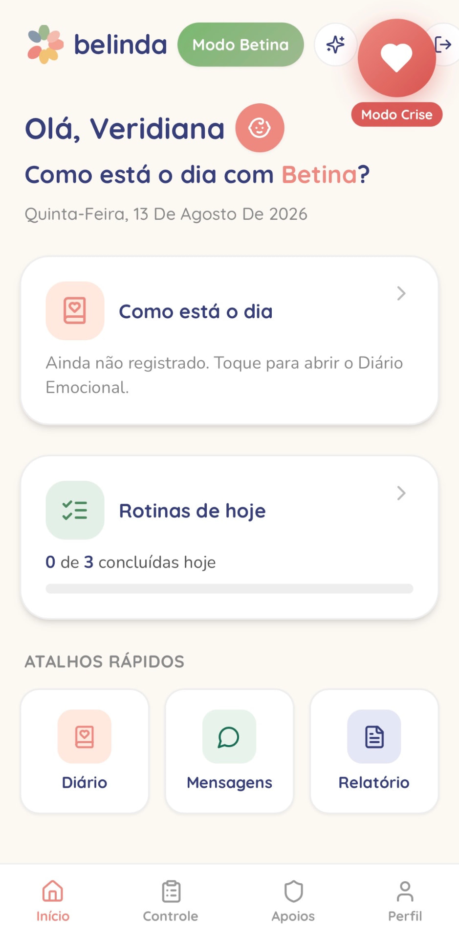 Tela inicial do Belinda App com os cards Como está o dia e Rotinas de hoje