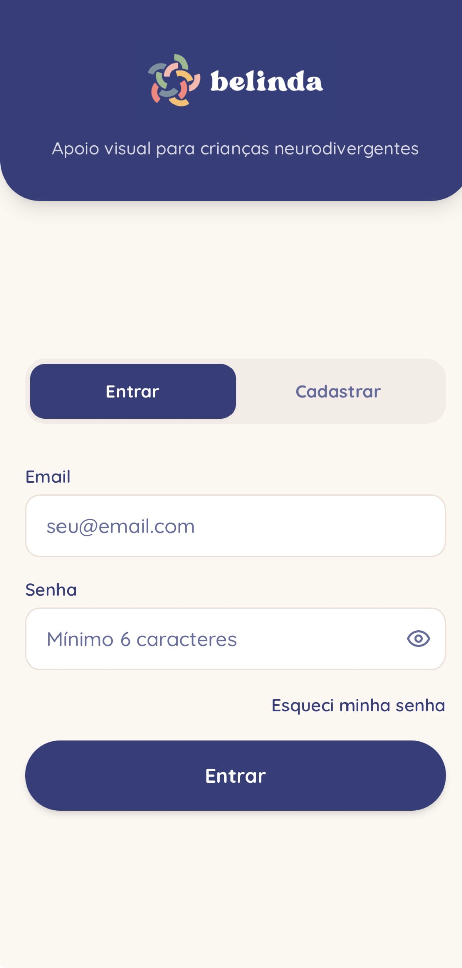 Tela de login do Belinda App
